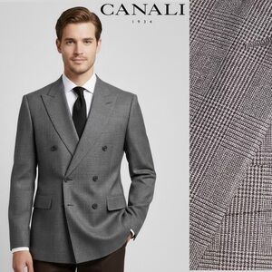 Canali Wool Gray Double Breasted Houndstooth Check Blazer Tuxedo Sport Coat 52S
